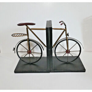 Vintage Style Bicycle Bookends Distressed Black & Gold Metal Base